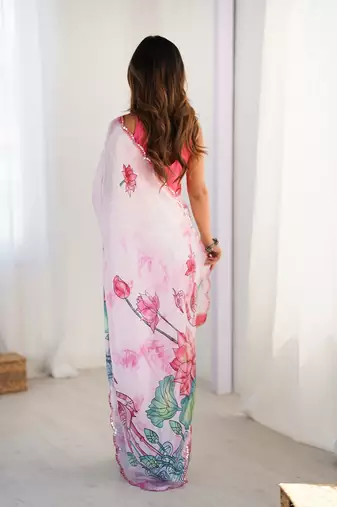 Pink floral printed embellished mirror work lace border saree with blouse piece