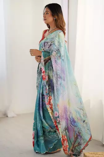 Blue floral printed mirror work saree