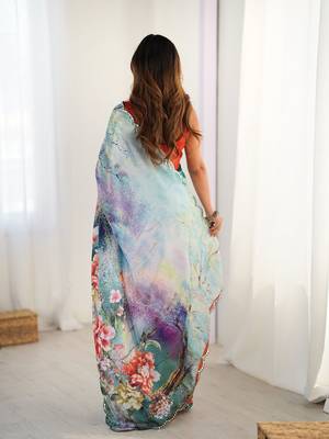 Blue floral printed mirror work saree 4