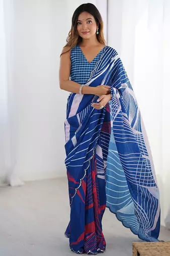 Navy blue striped printed mirror work saree