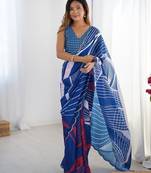 Navy blue striped printed mirror work saree