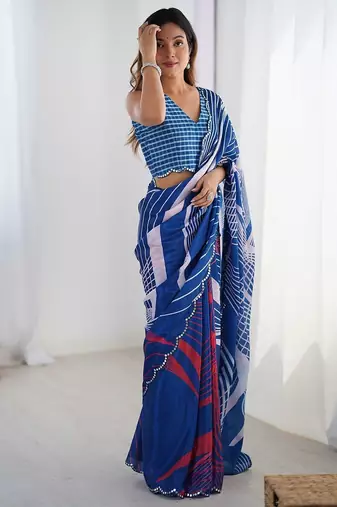 Navy blue striped printed mirror work saree