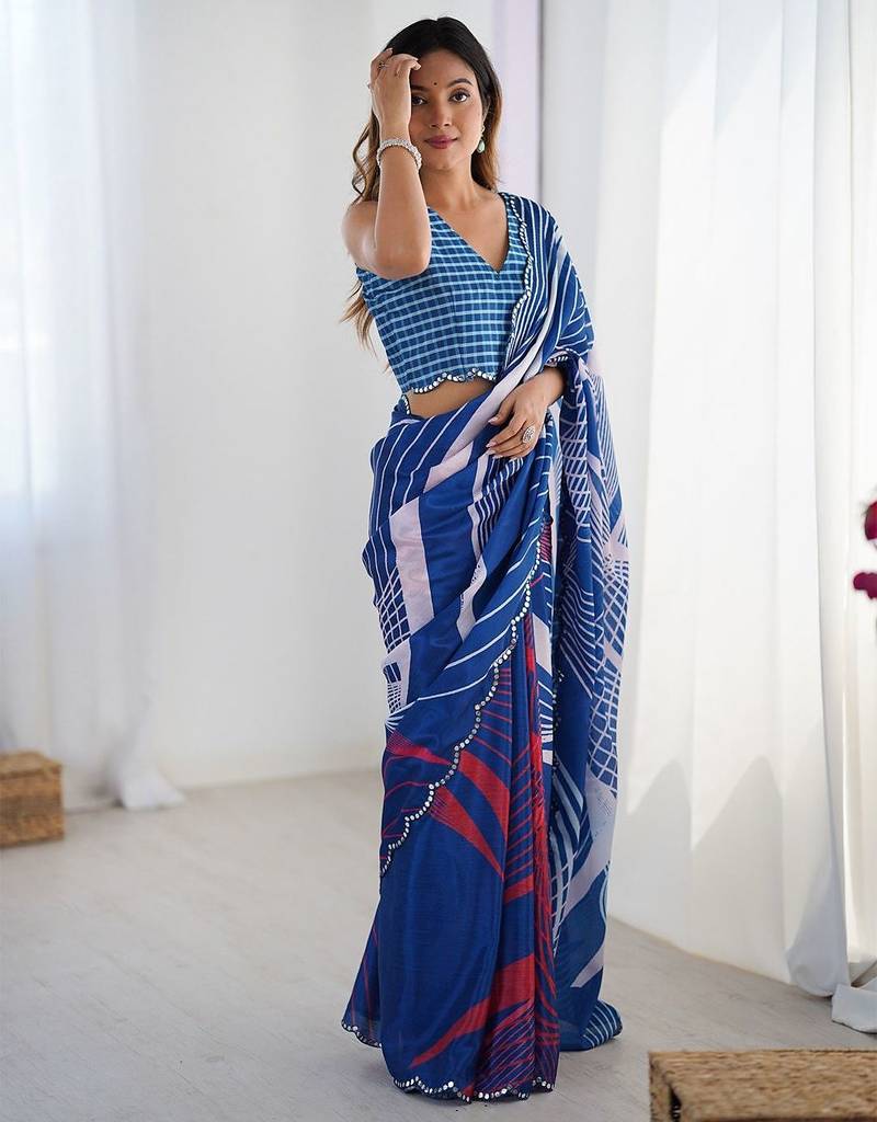 Navy blue striped printed mirror work saree