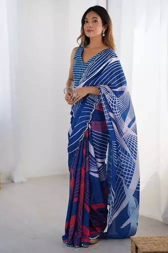 Navy blue striped printed mirror work saree