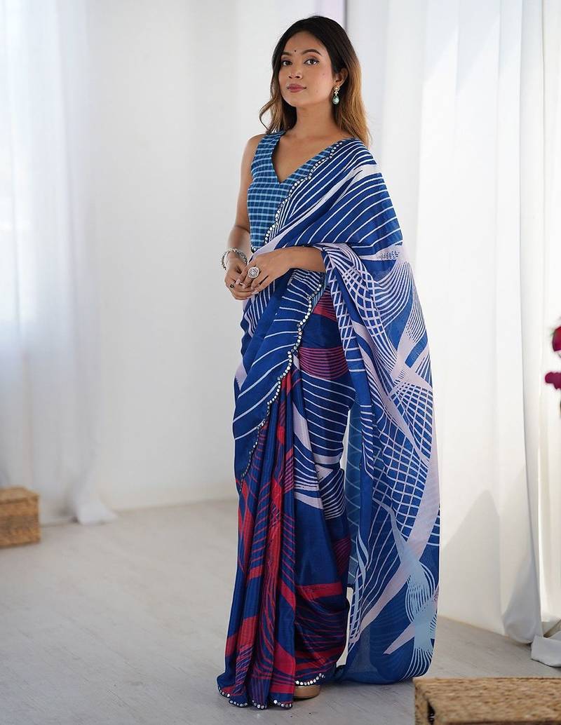 Navy blue striped printed mirror work saree