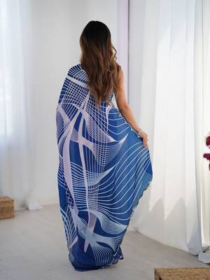Navy blue striped printed mirror work saree 4