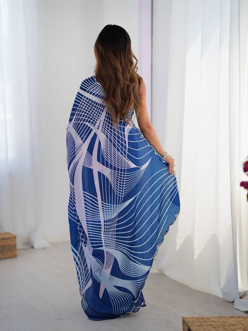 Navy blue striped printed mirror work saree