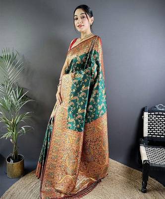 Green ethnic motifs woven design zari banarasi saree 2