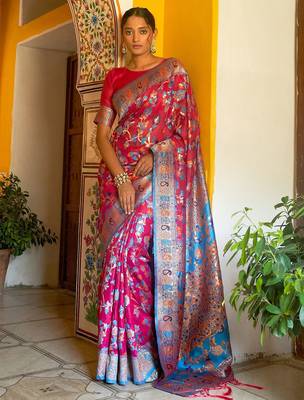 Pink pink chanderi silk pashmina saree with unstitched blouse piece 1