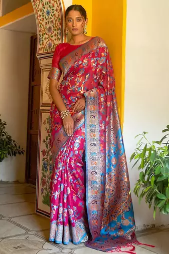 Pink pink chanderi silk pashmina saree with unstitched blouse piece