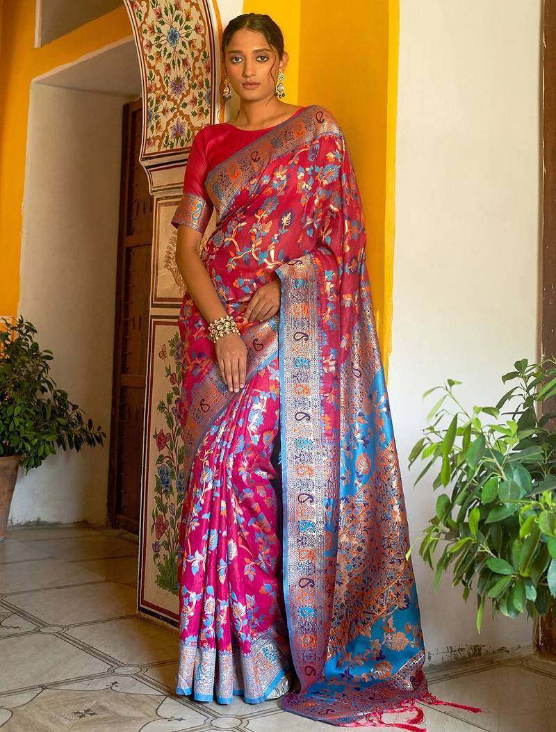 Pink pink chanderi silk pashmina saree with unstitched blouse piece
