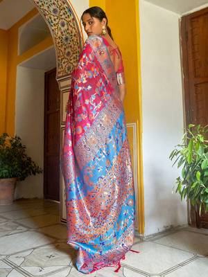 Pink pink chanderi silk pashmina saree with unstitched blouse piece 2