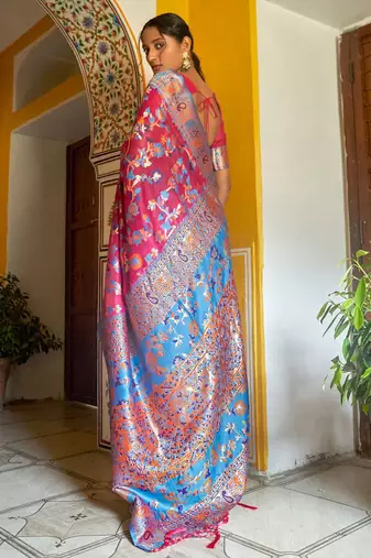 Pink pink chanderi silk pashmina saree with unstitched blouse piece