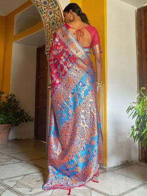 Pink pink chanderi silk pashmina saree with unstitched blouse piece 3