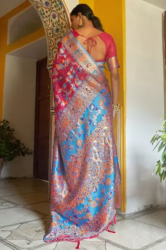 Pink pink chanderi silk pashmina saree with unstitched blouse piece