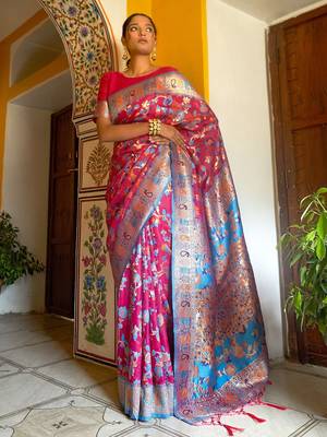 Pink pink chanderi silk pashmina saree with unstitched blouse piece 4