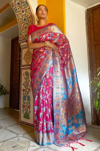 Pink pink chanderi silk pashmina saree with unstitched blouse piece