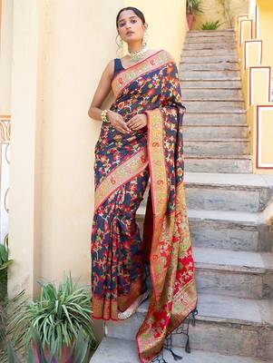 Navy blue navy blue chanderi silk pashmina saree with unstitched blouse piece 1