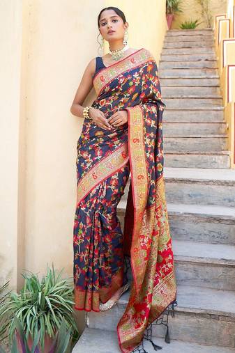 Navy blue navy blue chanderi silk pashmina saree with unstitched blouse piece