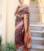 Navy blue navy blue chanderi silk pashmina saree with unstitched blouse piece