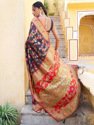 Navy blue navy blue chanderi silk pashmina saree with unstitched blouse piece 2