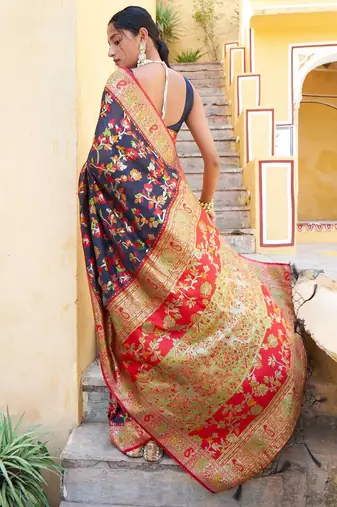 Navy blue navy blue chanderi silk pashmina saree with unstitched blouse piece