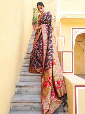 Navy blue navy blue chanderi silk pashmina saree with unstitched blouse piece 3