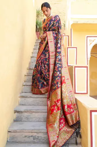 Navy blue navy blue chanderi silk pashmina saree with unstitched blouse piece
