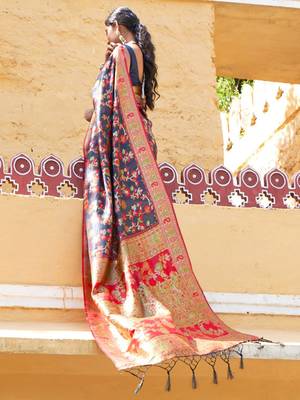 Navy blue navy blue chanderi silk pashmina saree with unstitched blouse piece 4