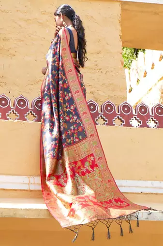 Navy blue navy blue chanderi silk pashmina saree with unstitched blouse piece