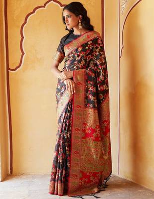 Black black chanderi silk pashmina saree with unstitched blouse piece 1