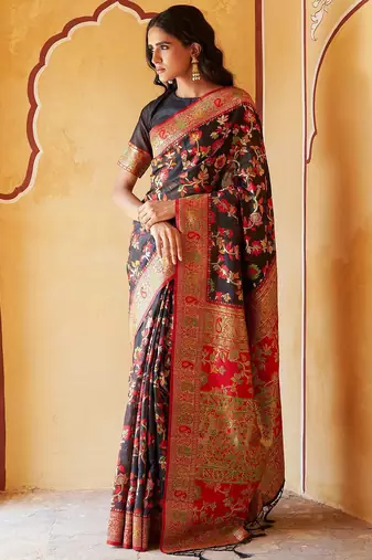 Black black chanderi silk pashmina saree with unstitched blouse piece