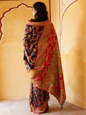 Black black chanderi silk pashmina saree with unstitched blouse piece 2