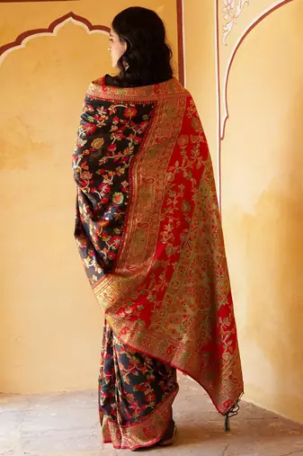 Black black chanderi silk pashmina saree with unstitched blouse piece
