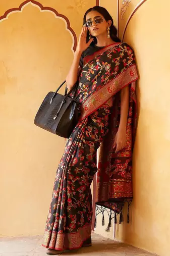 Black black chanderi silk pashmina saree with unstitched blouse piece
