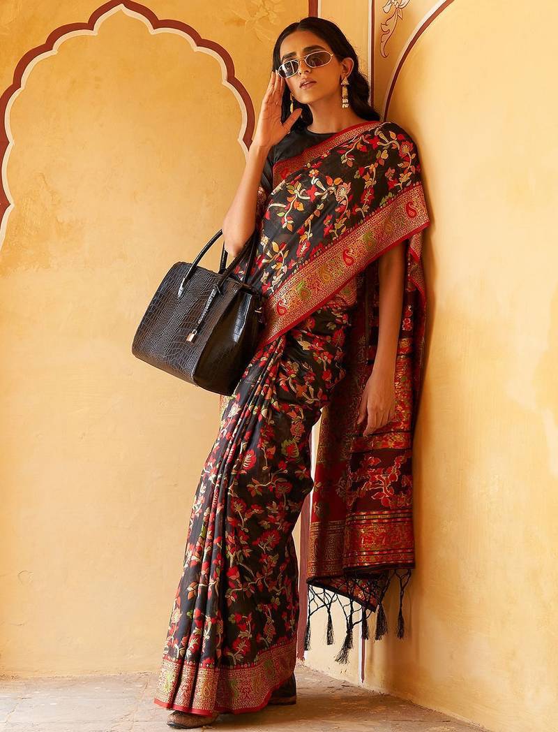 Black black chanderi silk pashmina saree with unstitched blouse piece