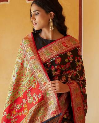 Black black chanderi silk pashmina saree with unstitched blouse piece 4