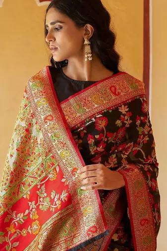 Black black chanderi silk pashmina saree with unstitched blouse piece
