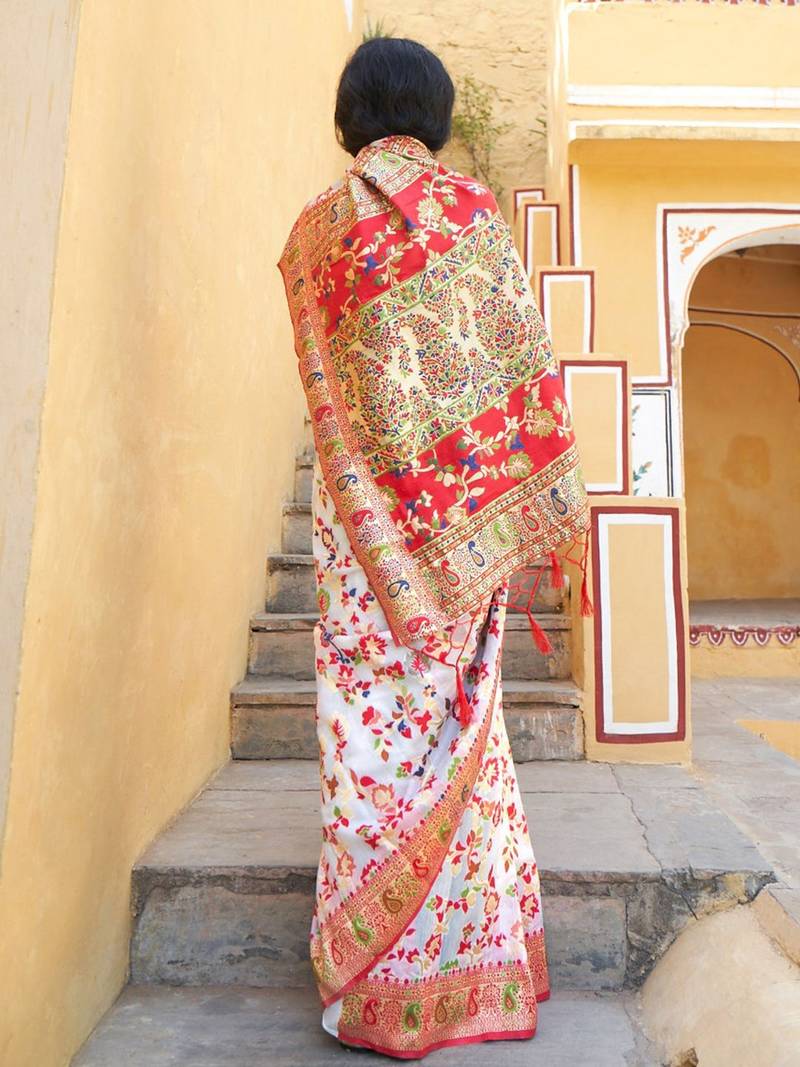 White woven design zari silk blend saree