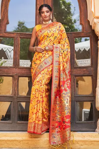 Yellow yellow chanderi silk pashmina saree with unstitched blouse piece