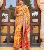 Yellow yellow chanderi silk pashmina saree with unstitched blouse piece