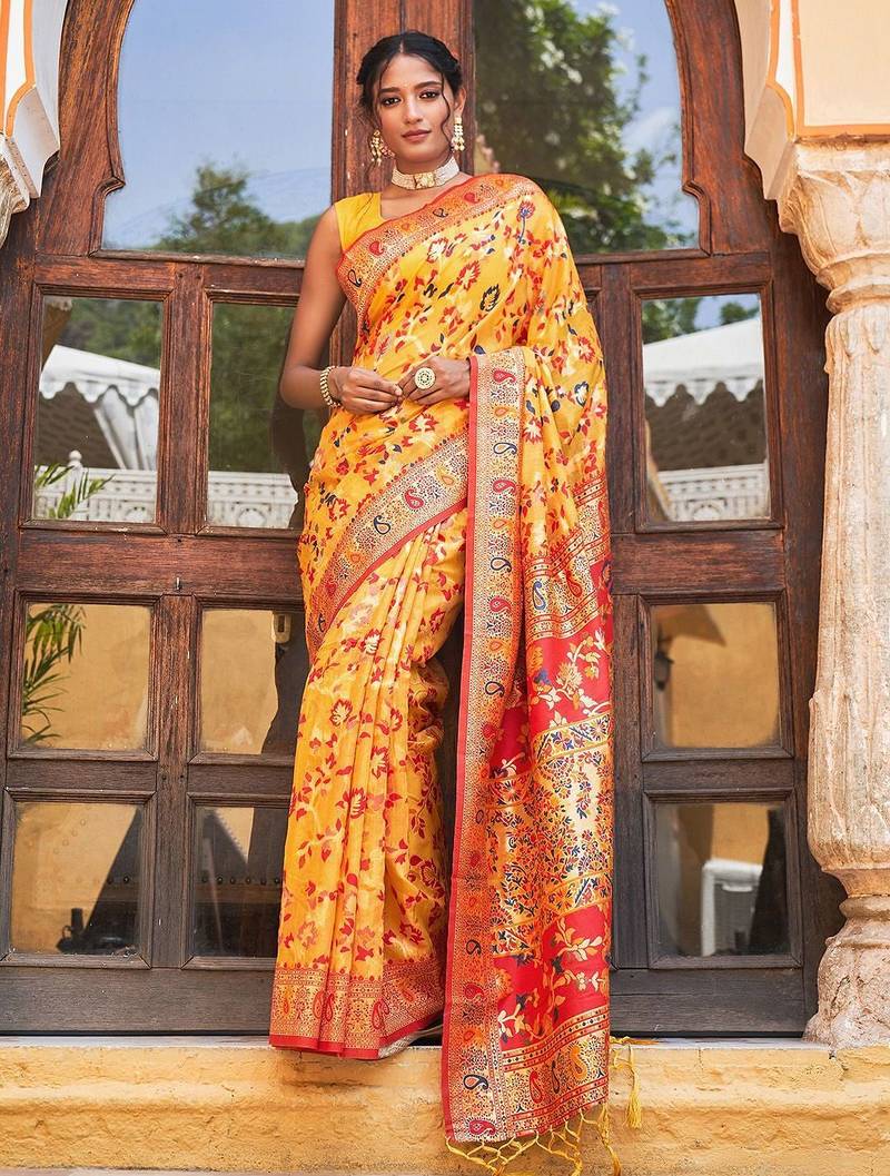 Yellow yellow chanderi silk pashmina saree with unstitched blouse piece