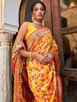 Yellow yellow chanderi silk pashmina saree with unstitched blouse piece 2