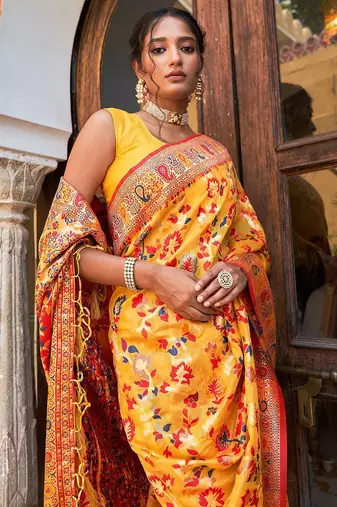 Yellow yellow chanderi silk pashmina saree with unstitched blouse piece