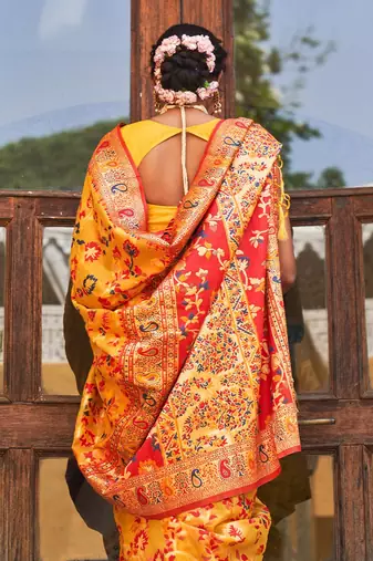 Yellow yellow chanderi silk pashmina saree with unstitched blouse piece