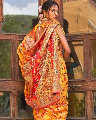 Yellow yellow chanderi silk pashmina saree with unstitched blouse piece 4