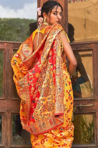 Yellow yellow chanderi silk pashmina saree with unstitched blouse piece