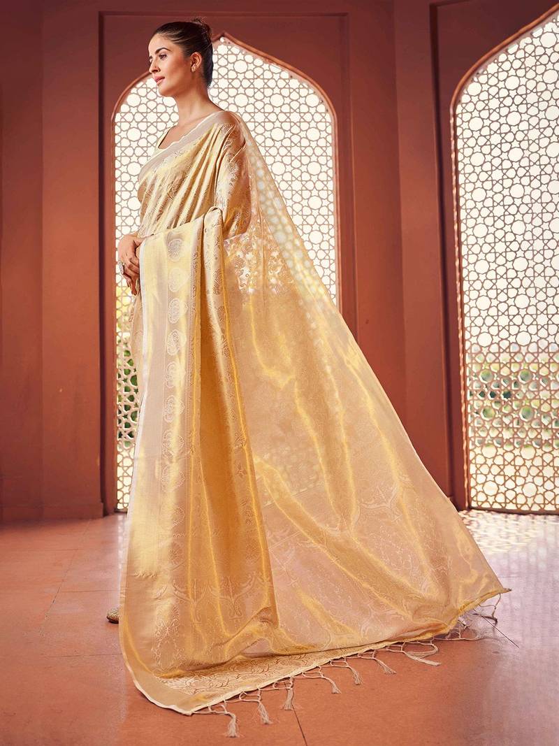 White ethnic motifs woven design zari saree