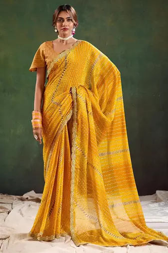 Mustard leheriya print embellished saree