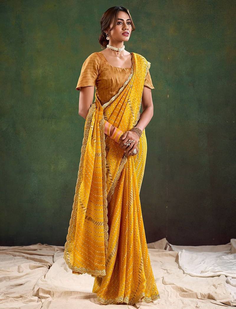 Mustard leheriya print embellished saree